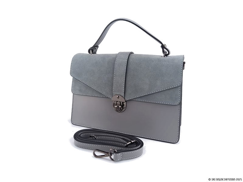 Sac &agrave; main femme en cuir lisse et velours gris - Fabriqu&eacute; en Italie