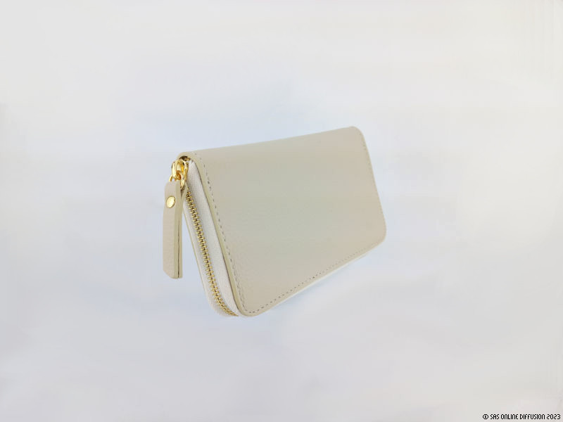 Portefeuille en cuir grain&eacute; beige Olinda - Fabriqu&eacute; en Italie